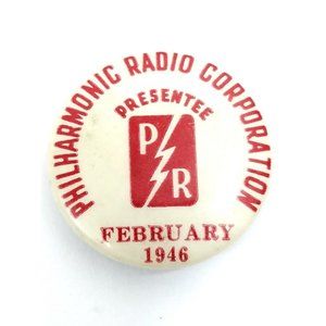 PhilHarmonic Radio Corporation Presentee Pin Feburary 1946 White and Red Rare